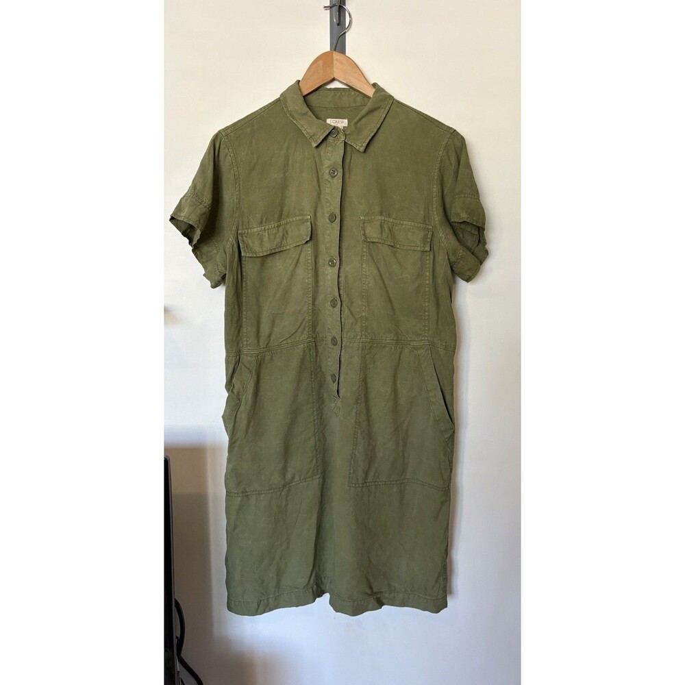 J Crew Olive Green Button Front Short Sleeve Utility Mini Dress Size 14